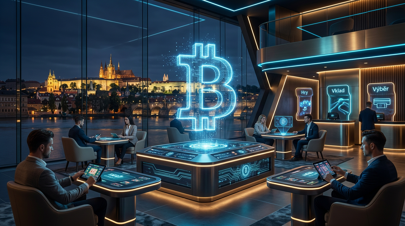 Futuristické krypto kasino s logem Bitcoinu a panoramatem Prahy v pozadí.