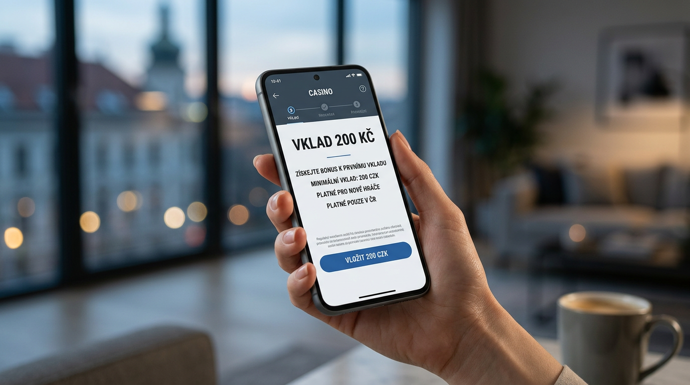 Mobilní telefon zobrazující bonusovou nabídku za vklad 200 Kč v online casinu