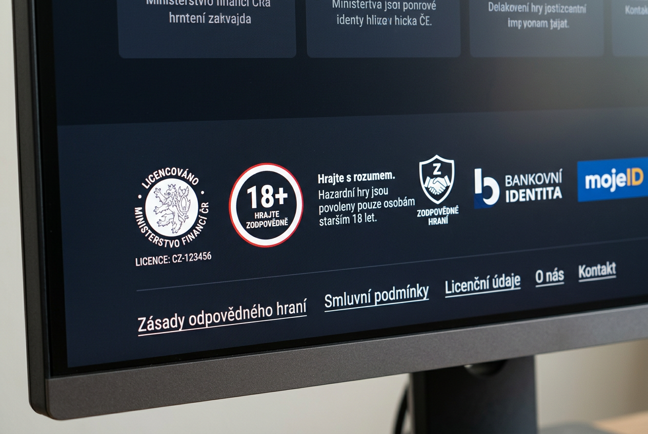 Detailní pohled na patičku webu s licencí Ministerstva financí ČR a logy zodpovědného hraní