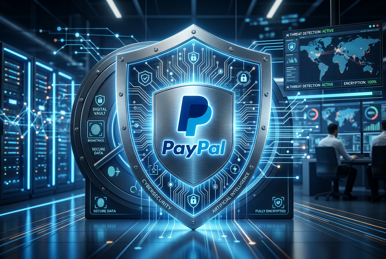 Cybersecurity shield protecting digital casino chips and PayPal logo, symbolizing safe payments