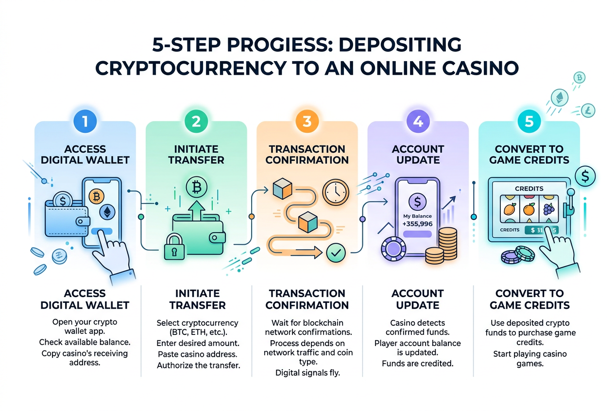 Schéma procesu krypto vkladu a výběru v online kasinu